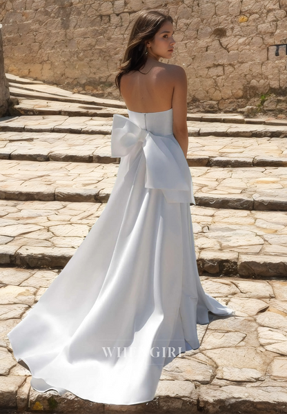 Tube Top A-Line Sleeveless Sweep Train High Split Pleats Satin Wedding Dress Bridal Gowns with Bows