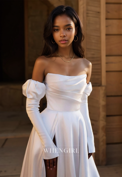 Tube Top A-Line Long Sleeves High Split Pleated Satin Wedding Dress Bridal Gowns with Train