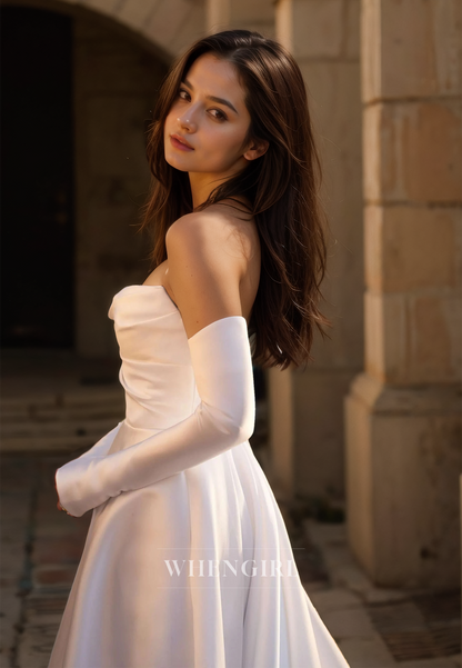 Tube Top A-Line Long Sleeves High Split Pleated Satin Wedding Dress Bridal Gowns with Train