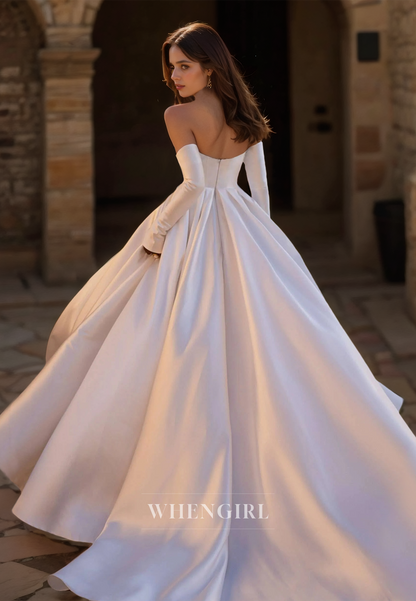 Tube Top A-Line Long Sleeves High Split Pleated Satin Wedding Dress Bridal Gowns with Train