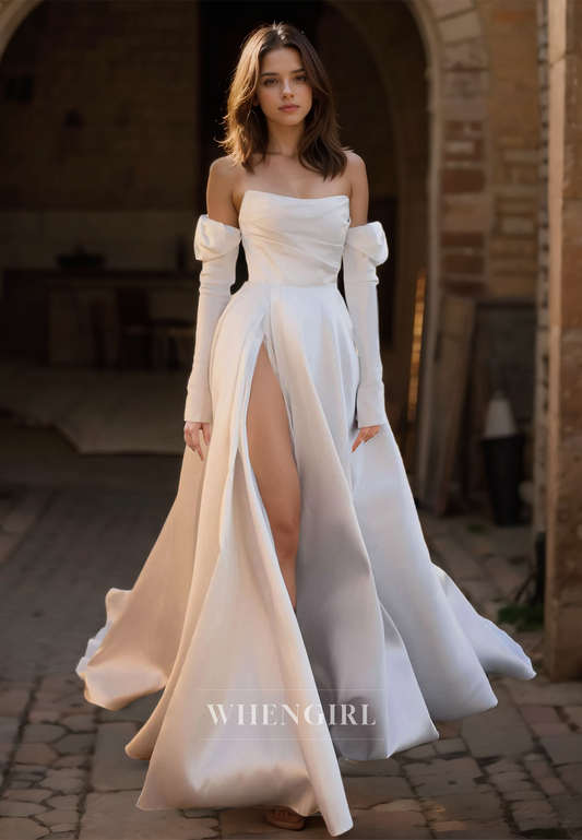 Tube Top A-Line Long Sleeves High Split Pleated Satin Wedding Dress Bridal Gowns with Train