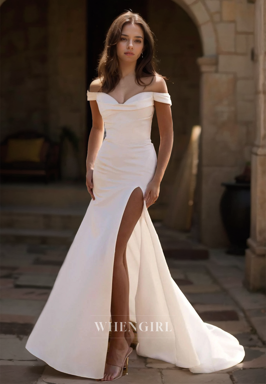 Sweetheart Sheath Sleeveless High Split Ruched Sartin Beach Dress with Train Boho Wedding Dress