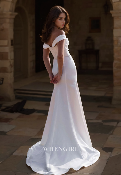 Sweetheart Sheath Sleeveless High Split Ruched Sartin Beach Dress with Train Boho Wedding Dress