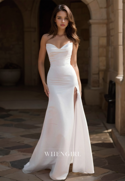 Sweetheart Sheath Sleeveless High Split Ruched Sartin Beach Dress with Train Boho Wedding Dress