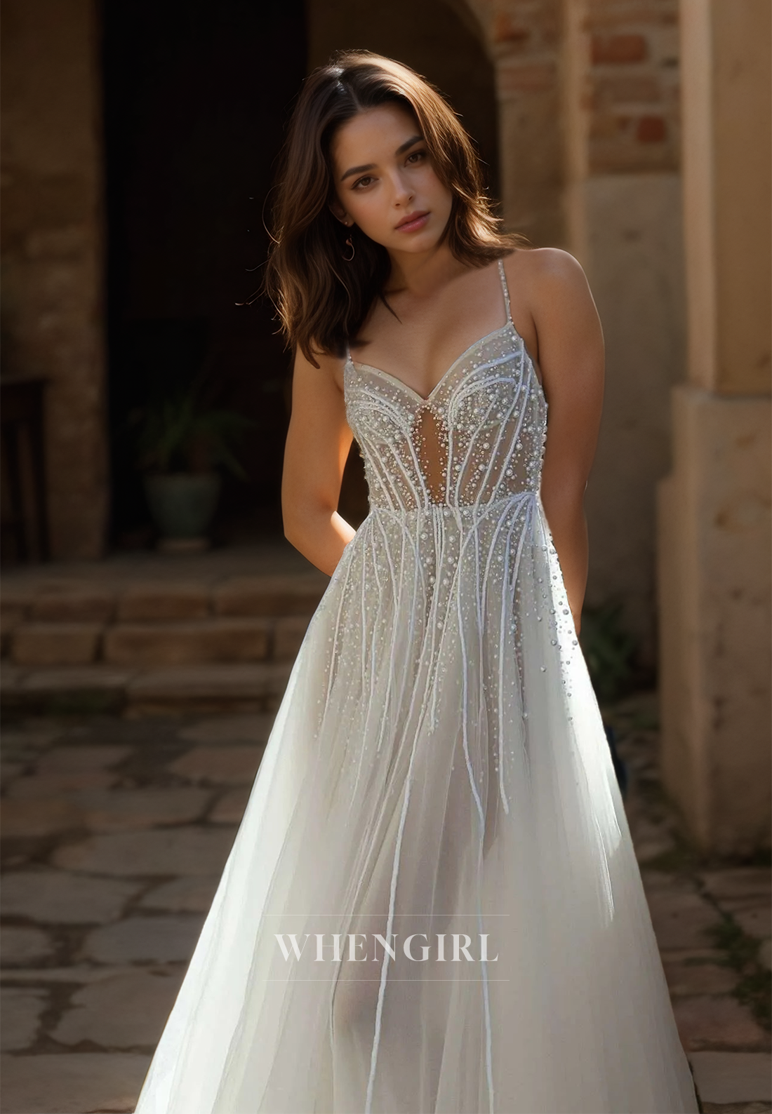 Spaghetti Straps A-Line Sweetheart Sweep Train Pleated Lace Wedding Dress with Beads Bridal Gowns