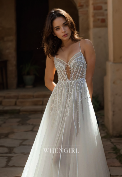 Spaghetti Straps A-Line Sweetheart Sweep Train Pleated Lace Wedding Dress with Beads Bridal Gowns