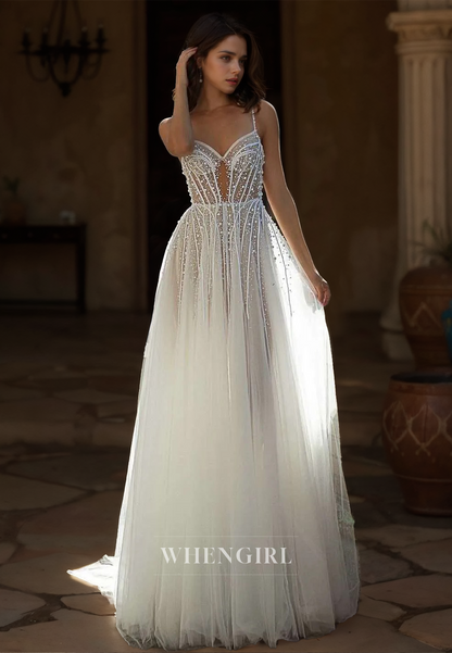 Spaghetti Straps A-Line Sweetheart Sweep Train Pleated Lace Wedding Dress with Beads Bridal Gowns