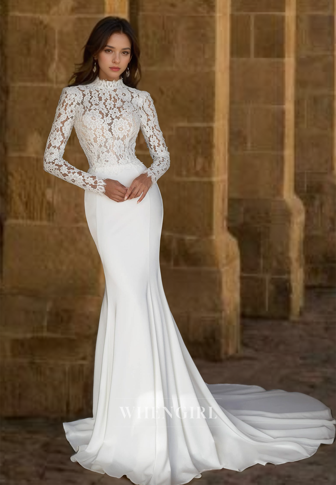 High Neck Long Sleeves Mermaid Applique Lace Beach Wedding Dress with Train Boho Dress