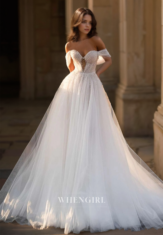 Beaded A-Line Off-Shoulder Sweetheart Sleeveless Pleated Lace Wedding Dress with Train Bridal Gowns