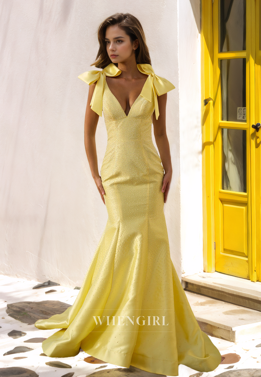 Glomaorous Beaded V-Neck Sleeveless Mermaid Sweep Train Party Prom Dress with Bows
