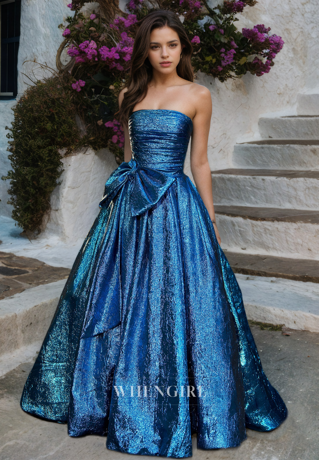 Striking A-Line Tube Top Sleeveless Sweep Train Ruched Prom Formal Evening Gowns with Bows