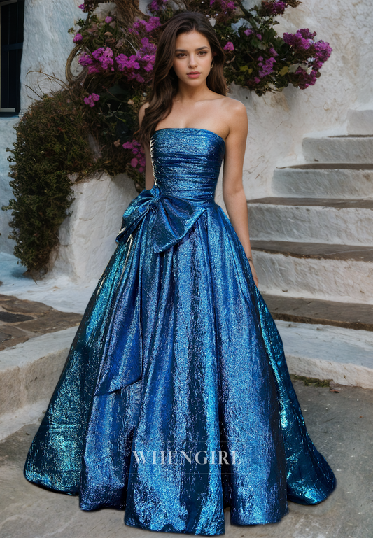 Striking A-Line Tube Top Sleeveless Sweep Train Ruched Prom Formal Evening Gowns with Bows