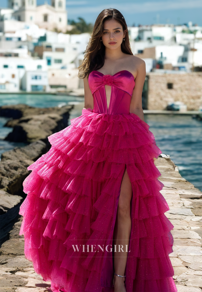 Charming A-Line Sweetheart Sleeveless High Slit Pleats Lace Long Prom Evening Dress with Beads