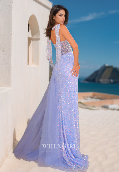 Glomaorous Sweetheart Sleeveless Stripe Train Sheath Sequins Lace Formal Prom Dress with Slit