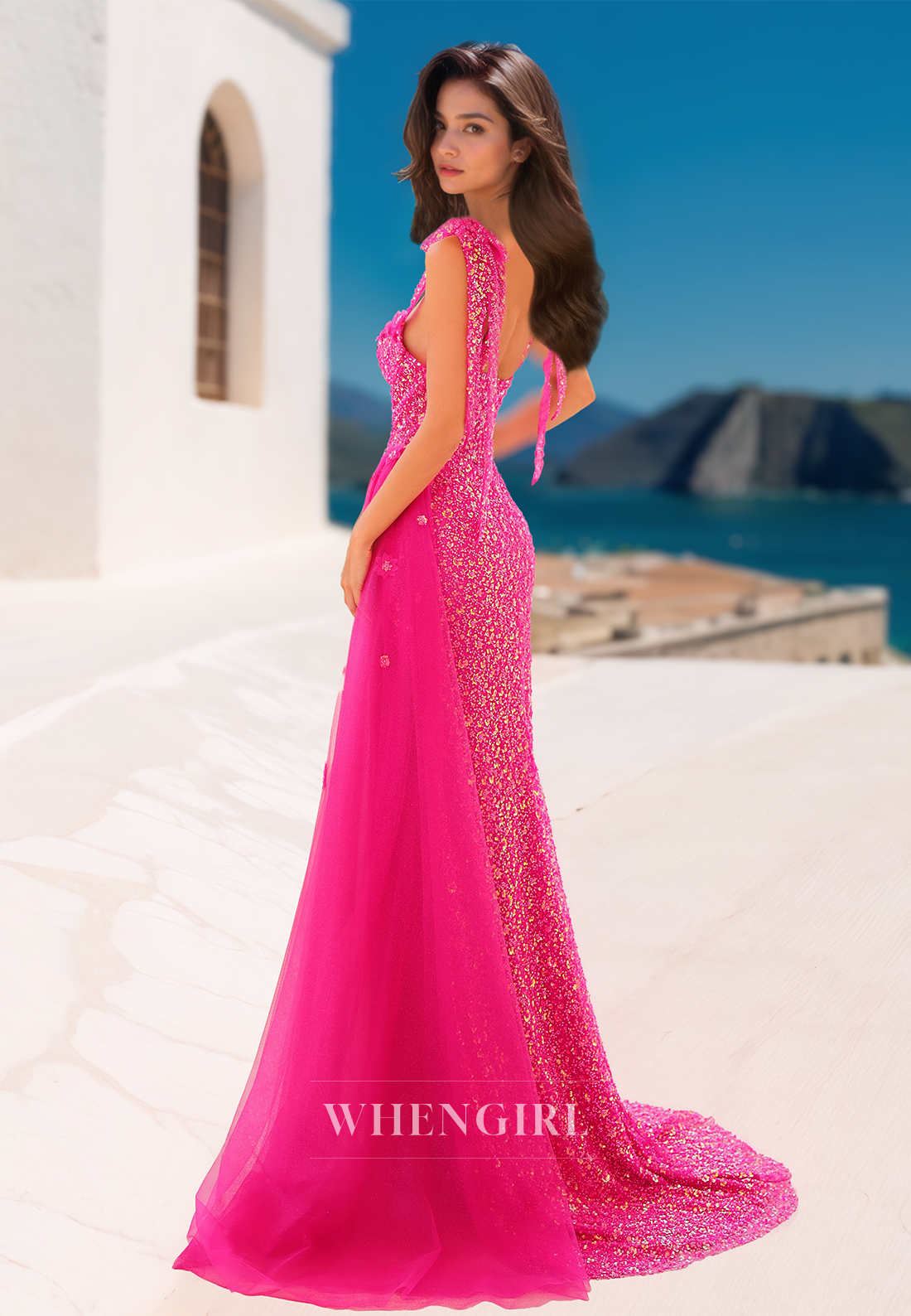 Glomaorous Sweetheart Sleeveless Stripe Train Sheath Sequins Lace Formal Prom Dress with Slit