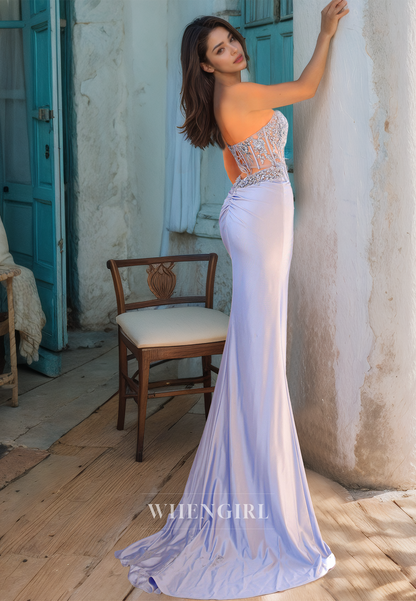 Tube Top Sheath Formal Dress Sleeveless High Slit Train Stripe Pleats Satin Prom Dress with Applique
