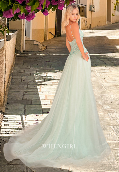 A-Line V-Neck Spaghetti Straps High Split Appliques Pleated Lace Prom Formal Dress with Train