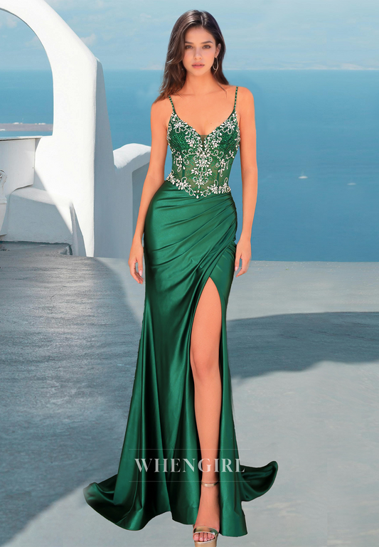 Stunning Spaghetti Straps Beaded Sweetheart Sheath High Slit Pleats Formal Prom Dress with Train