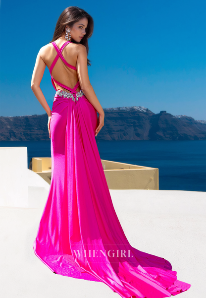 Sweetheart Straps Sleeveless Sheath Sweep Train Long Prom Dress with Beaded Party Gown