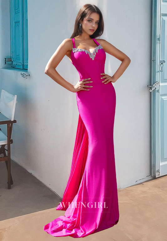 Sweetheart Straps Sleeveless Sheath Sweep Train Long Prom Dress with Beaded Party Gown