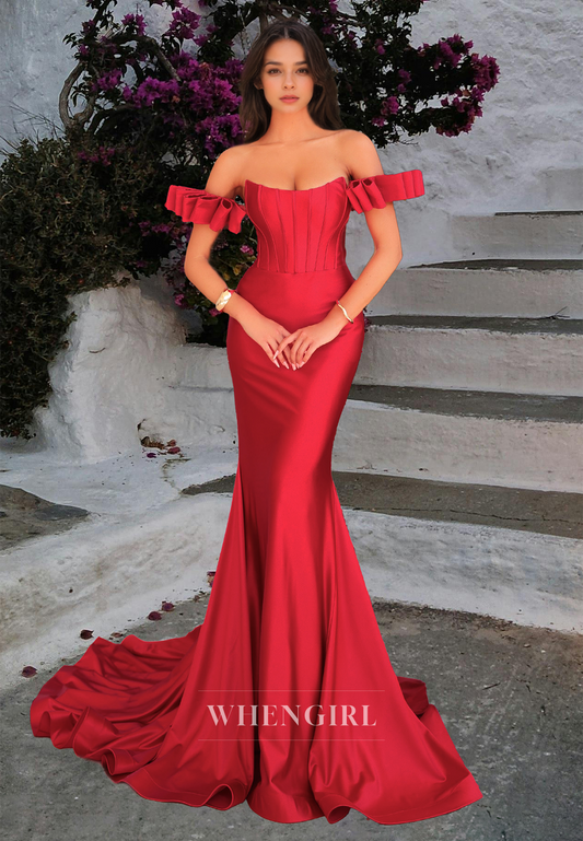 Tube Top Sleeveless Memaid Prom Dress Stripes Pleats Formal Gowns with Sweep Train