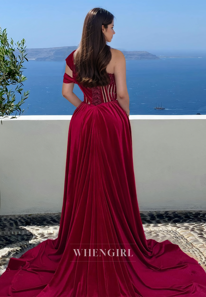 Elegant One Shoulder Sleeveless Sheath Stripe Chiffon Prom Formal Dress with Side Slit