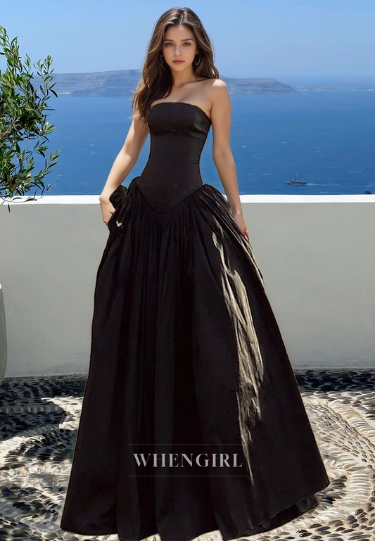 Simple A-Line Tube Top Sleeveless Satin Pleats Long Prom Formal Evening Dress