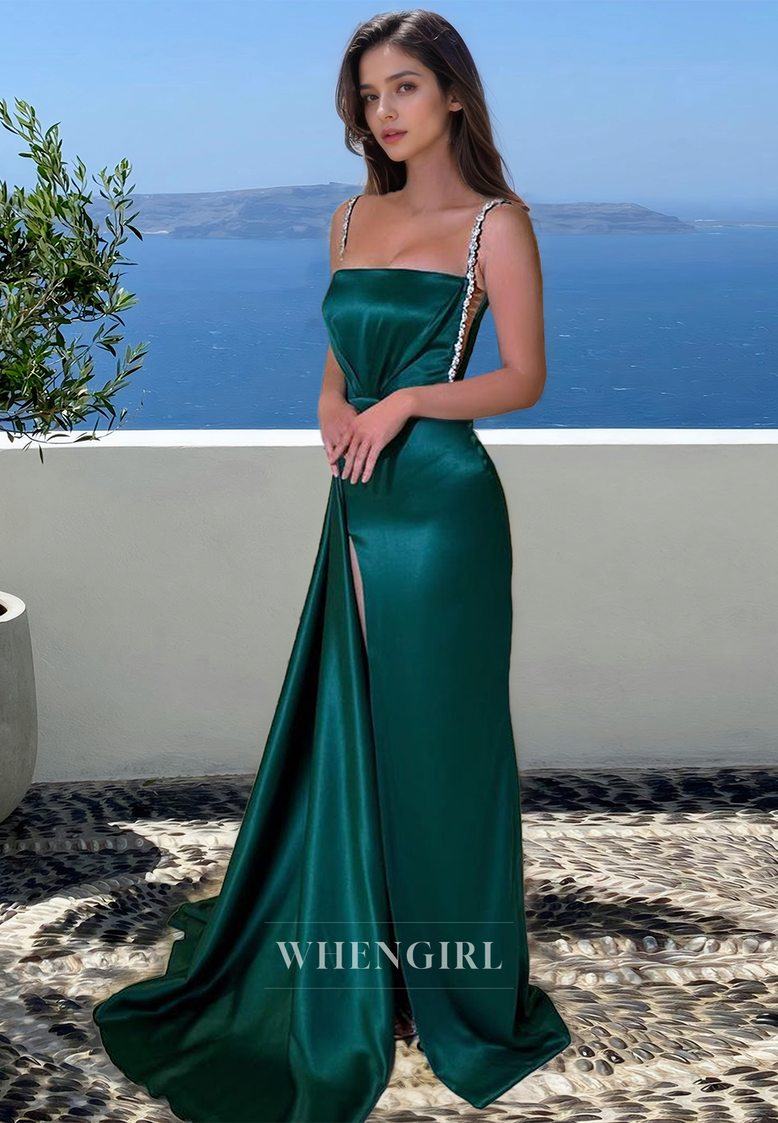 Beaded Spaghetti Straps Sweep Train Sheath Satin Long Formal Occasion with Side Slit