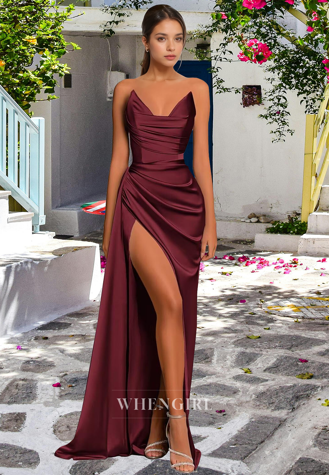 Charming Sheath Satin Sweetheart Pleats Prom Dress with Side Slit Satin Bridesmaid Dresses