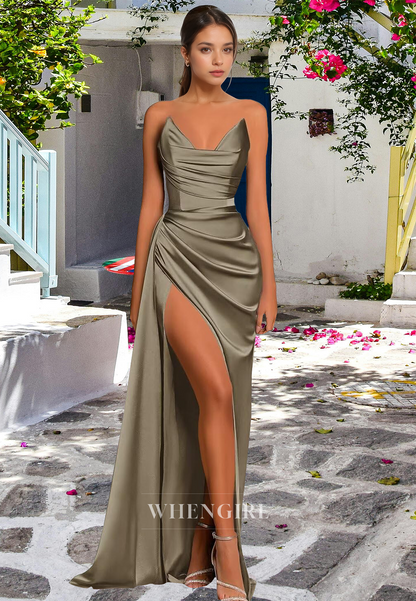 Charming Sheath Satin Sweetheart Pleats Prom Dress with Side Slit Satin Bridesmaid Dresses