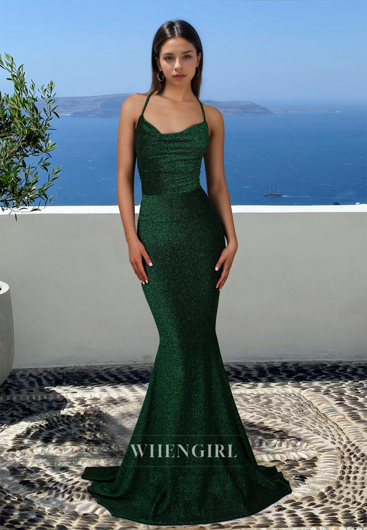 Striking Spaghetti Straps Mermaid Sequins Long Prom Evening Party Dress with Train