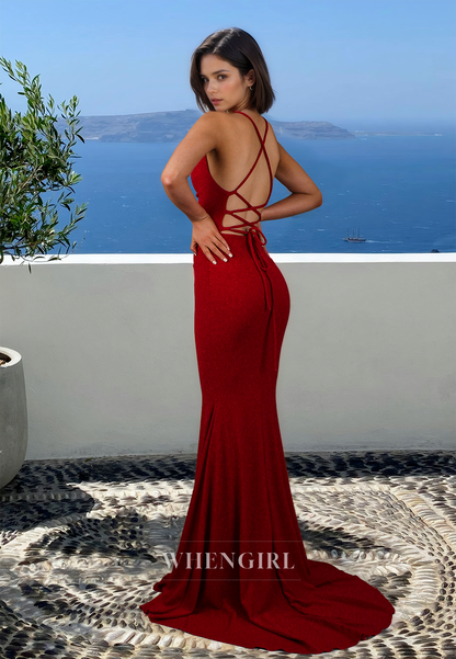 Striking Spaghetti Straps Mermaid Sequins Long Prom Evening Party Dress with Train