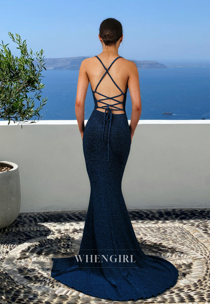 Striking Spaghetti Straps Mermaid Sequins Long Prom Evening Party Dress with Train