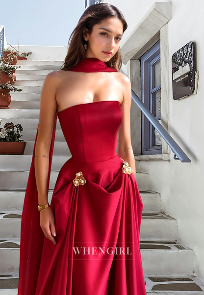 Glomaorous A-Line Tube Top Sleeveless Satin Pleats Formal Occasion with Beads Prom Dress
