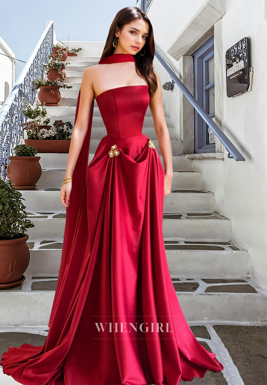 Glomaorous A-Line Tube Top Sleeveless Satin Pleats Formal Occasion with Beads Prom Dress