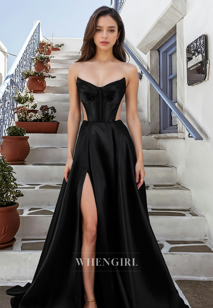 Elegant A-Line Sweetheart Stripe Sleeveless Satin Pleats Prom Formal Dress with Side Slit