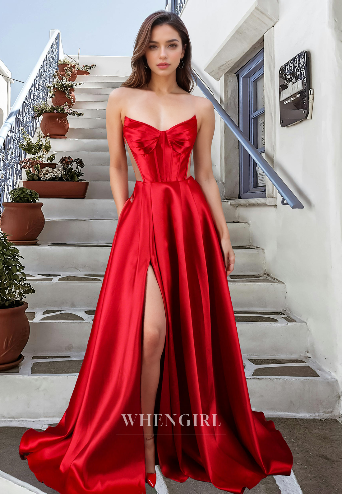 Elegant A-Line Sweetheart Stripe Sleeveless Satin Pleats Prom Formal Dress with Side Slit