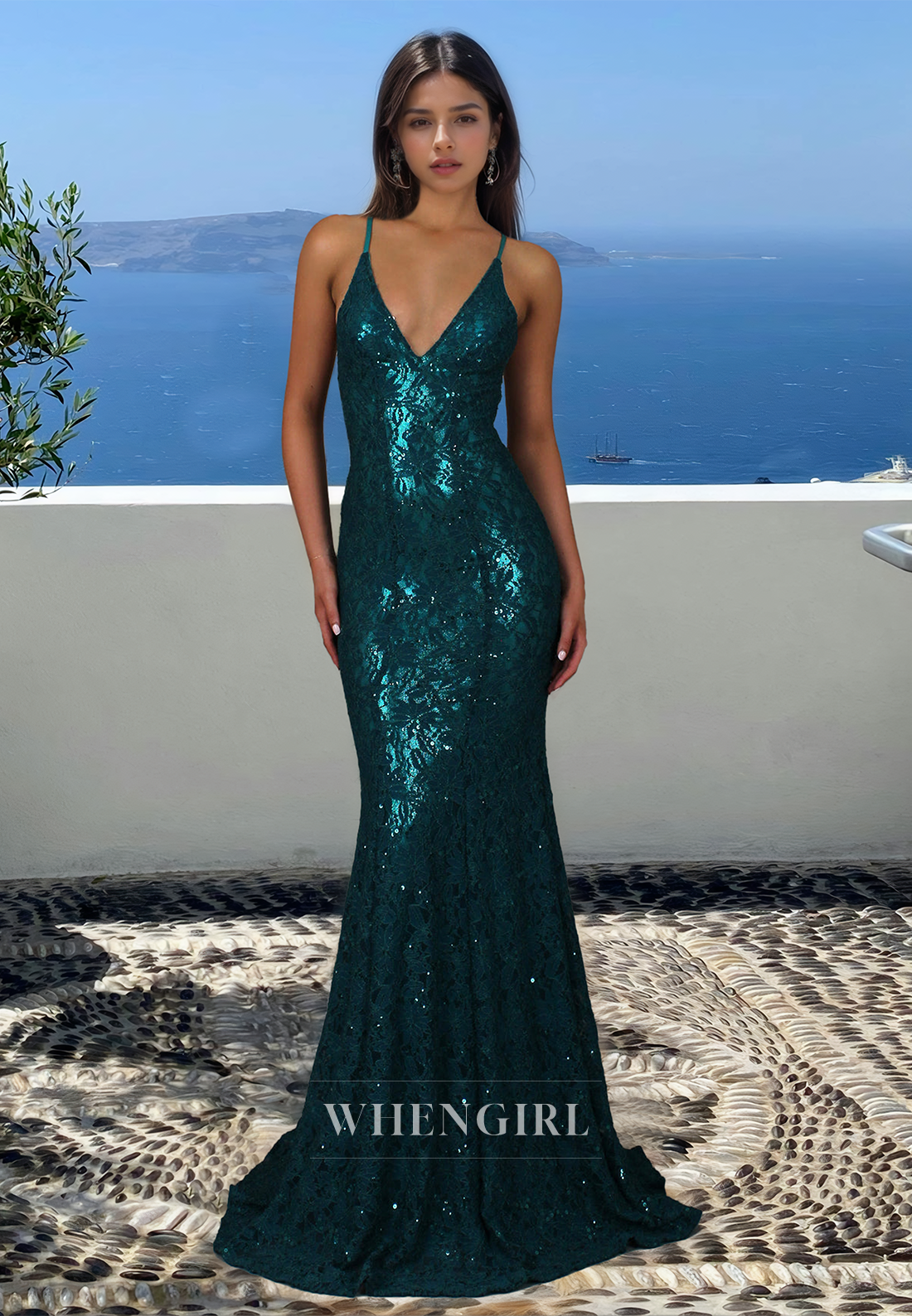 Spaghetti Straps V-Neck Mermaid Prom Dress Appliques Lace Formal Dress with Train