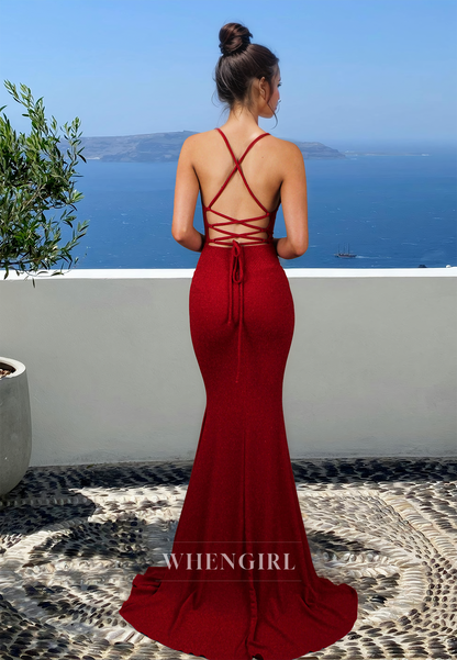 Striking Spaghetti Straps Mermaid Sequins Long Prom Evening Party Dress with Train