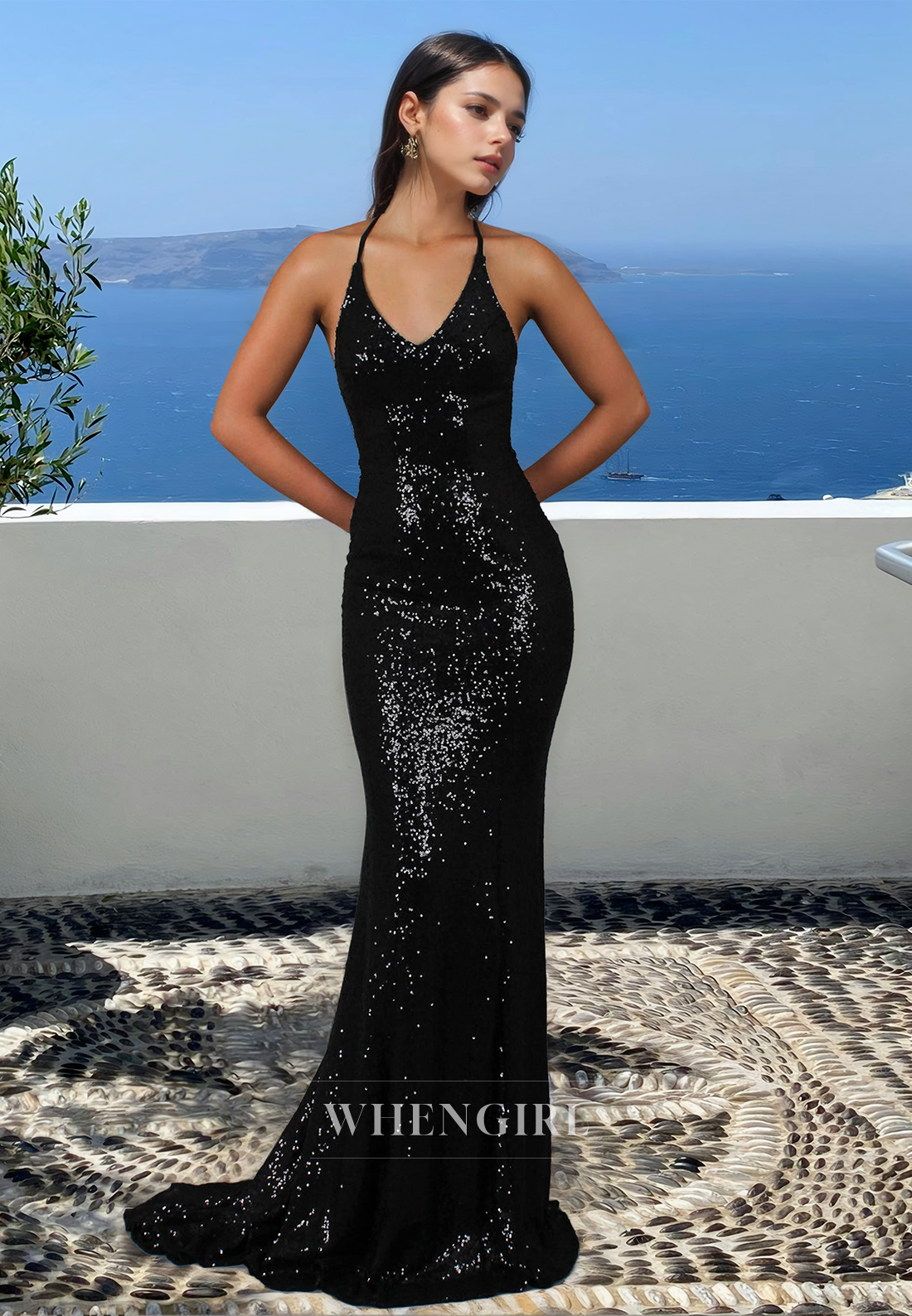 Spaghetti Straps V-Neck Sleeveless Mermaid Sequin Prom Evening Dress with Train