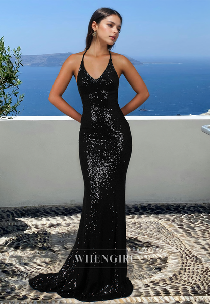 Spaghetti Straps V-Neck Sleeveless Mermaid Sequin Prom Evening Dress with Train