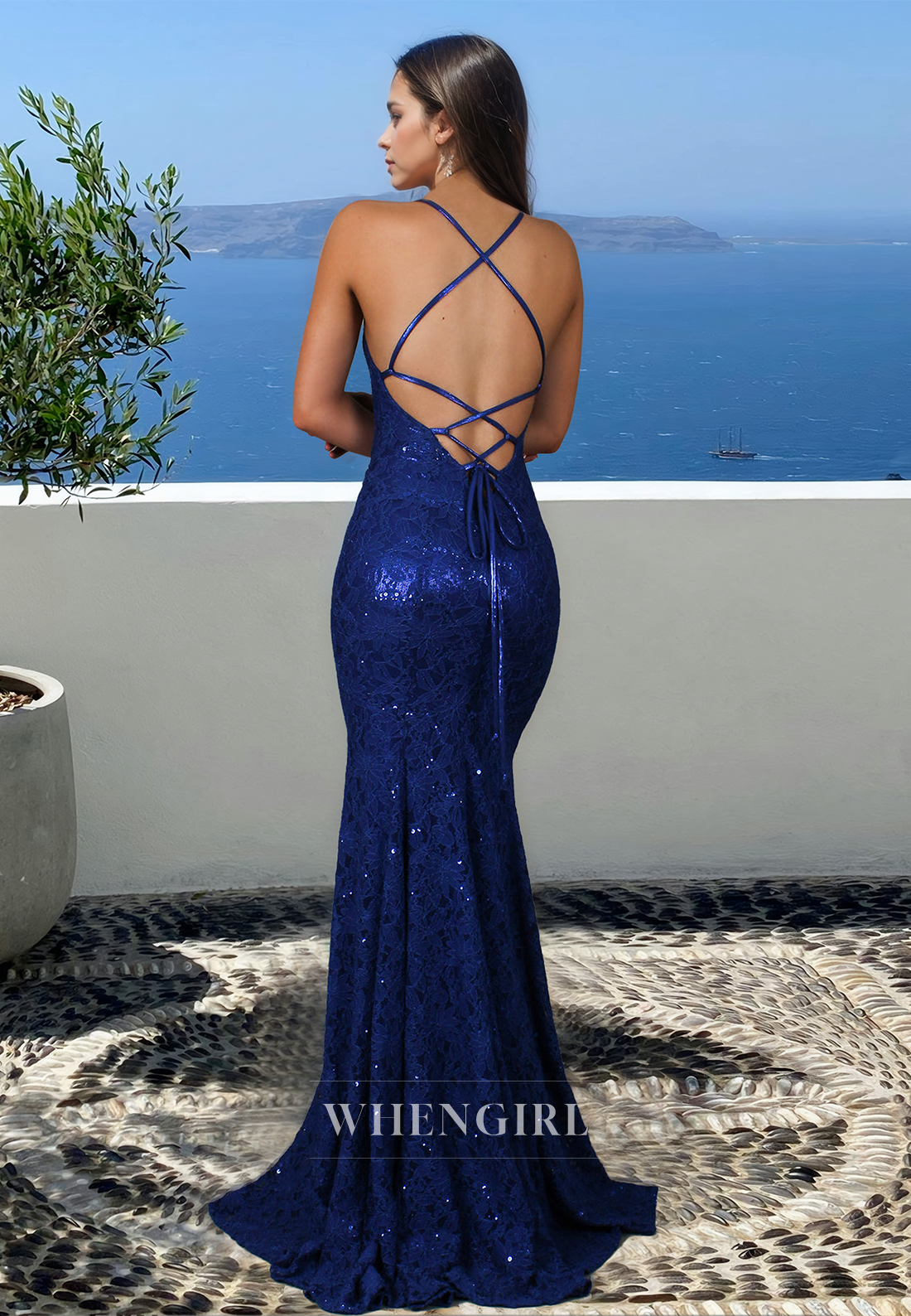 Spaghetti Straps V-Neck Mermaid Prom Dress Appliques Lace Formal Dress with Train