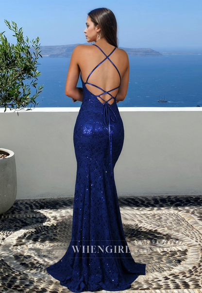 Spaghetti Straps V-Neck Mermaid Prom Dress Appliques Lace Formal Dress with Train