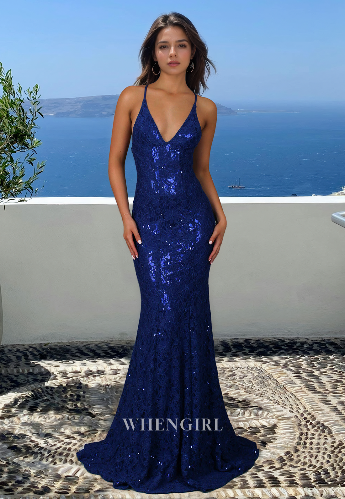 Spaghetti Straps V-Neck Mermaid Prom Dress Appliques Lace Formal Dress with Train
