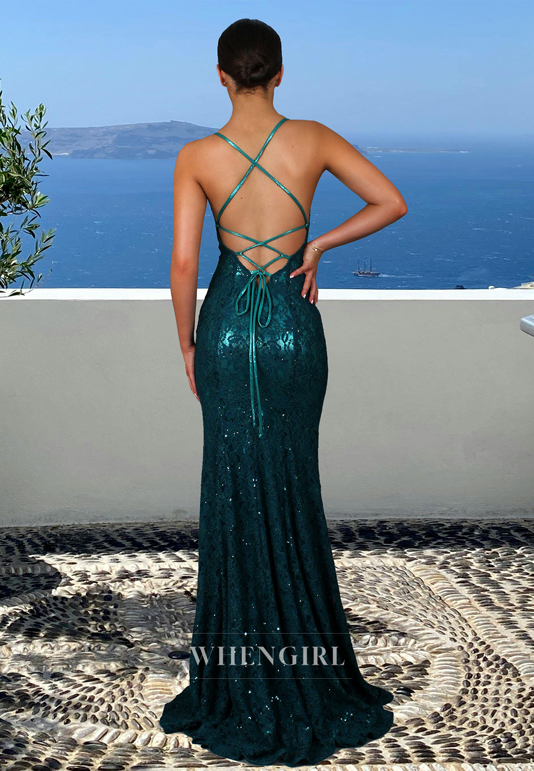 Spaghetti Straps V-Neck Mermaid Prom Dress Appliques Lace Formal Dress with Train