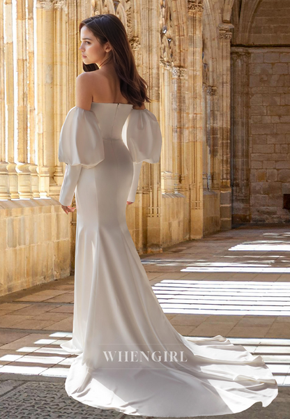 Sweetheart Sheath Long Sleeves Sweep Train Satin Ruched Wedding Dress with Slit Bridal Gown