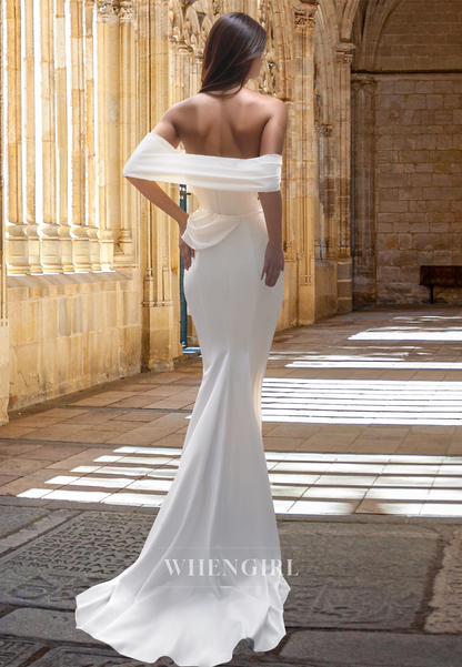 Beaded Tube Top Sleeveless Sheath Satin Pleats Wedding Dress with Train Bridal Gown