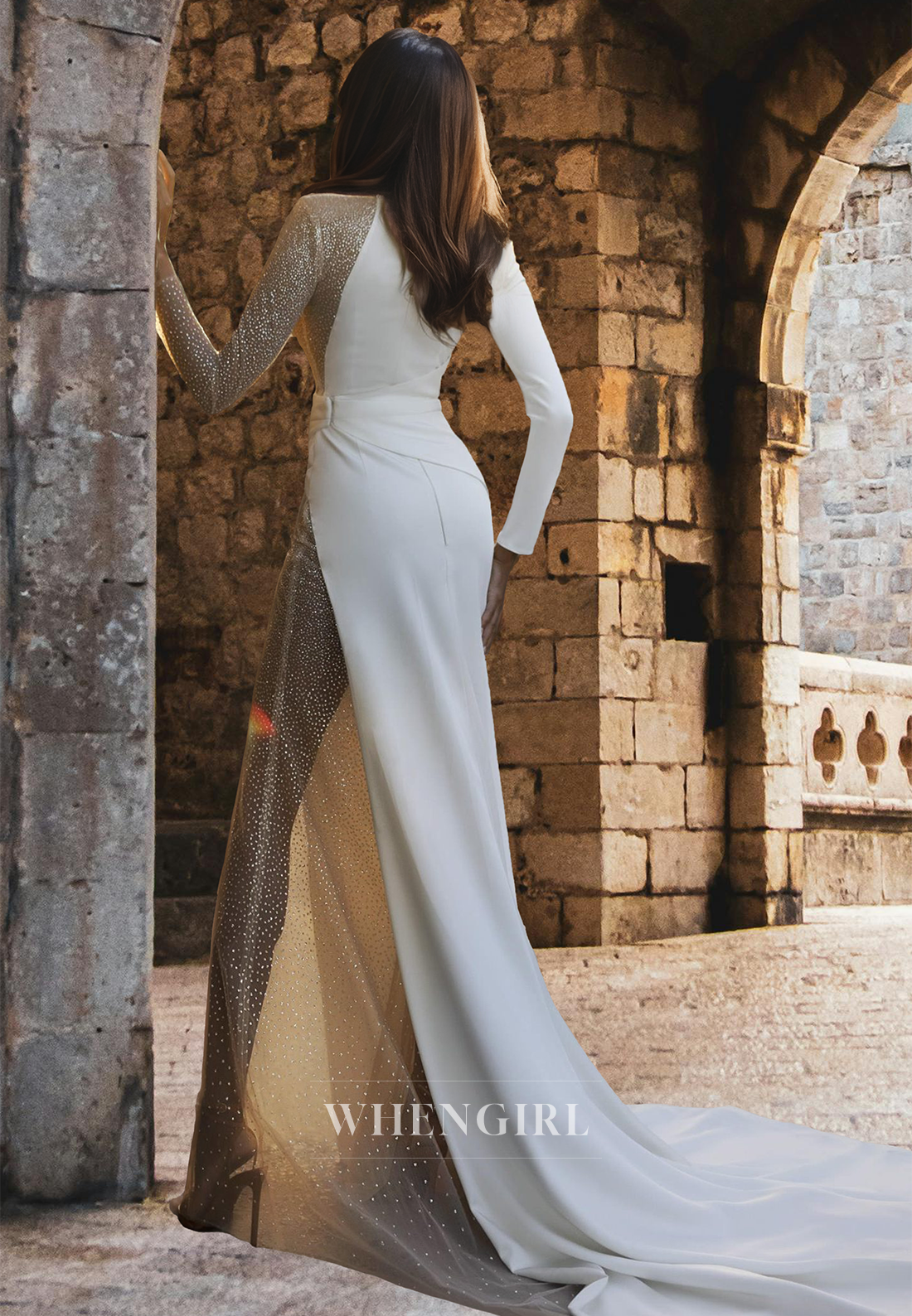 High Neck Long Sleeves Sheath Sweep Train Pleated Long Wedding Dress with Beaded