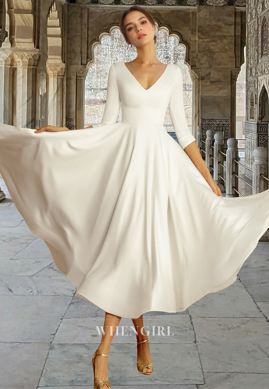 Casual A-Line V-Neck Half Sleeves Satin Pleats Beach Wedding Dress Bridal Gowns