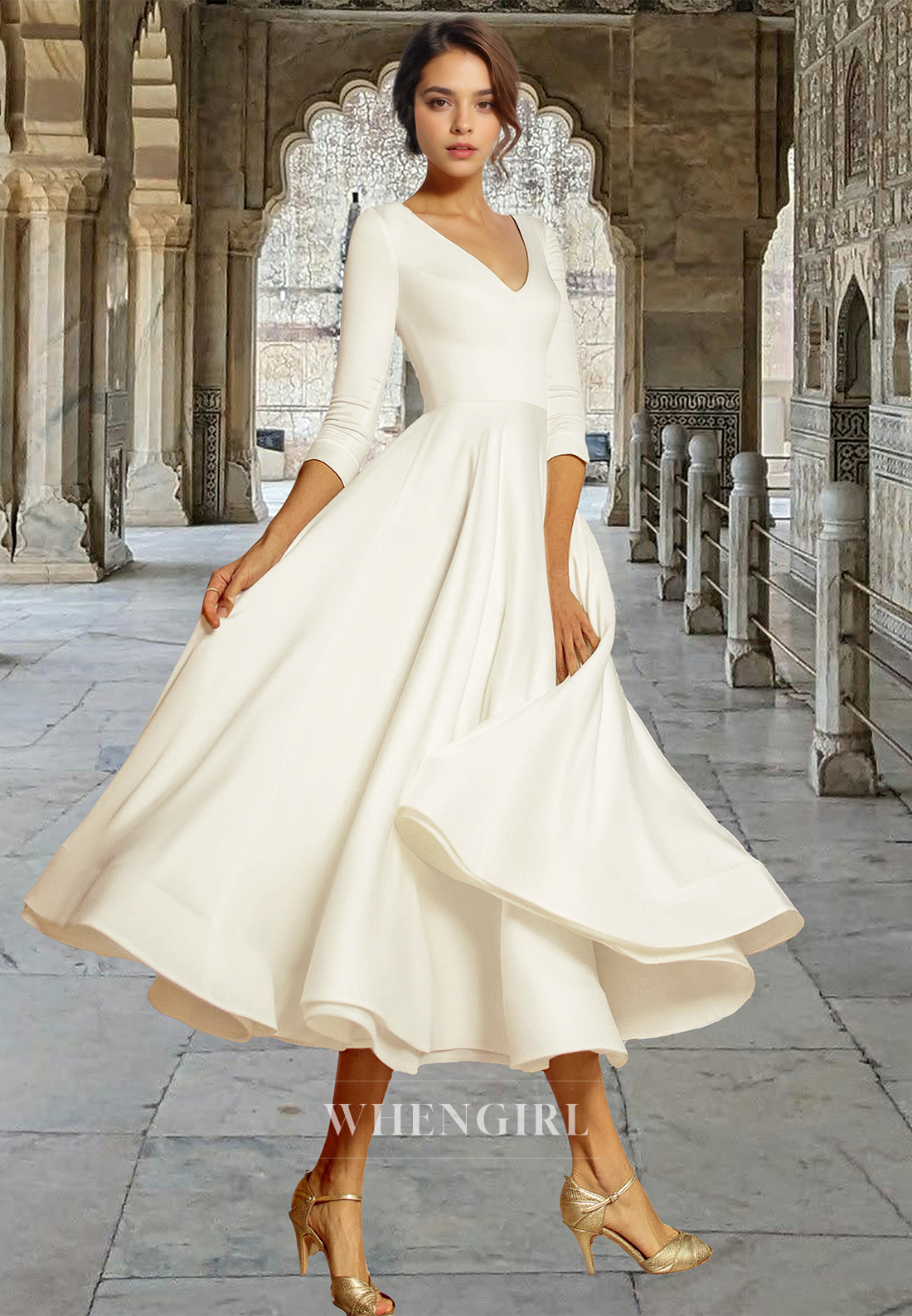 Casual A-Line V-Neck Half Sleeves Satin Pleats Beach Wedding Dress Bridal Gowns